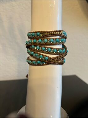 Nakamol Turquoise Bead Wrap Bracelet with Brown Cord